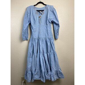 Vintage Karen Alexander Tiered Denim Midi Dress Womens sz 8 Grannycore Boho Blue